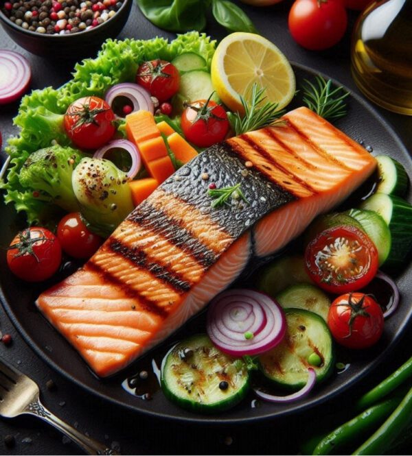 Grilled Atlantic Salmon, Salad and Veggies