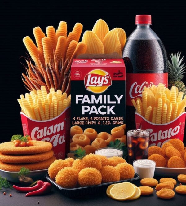 FAMILY PACK with 4 Flake, 4 Potato Cakes, 4 Dim Sim, 4 Calamari, Large Chips & 1.25ltr. Drink